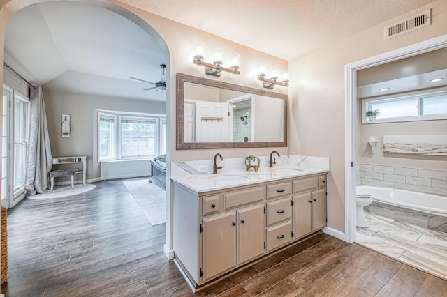 bathroom featuring a sink, ceiling fan, wood finished floors, and visible vents