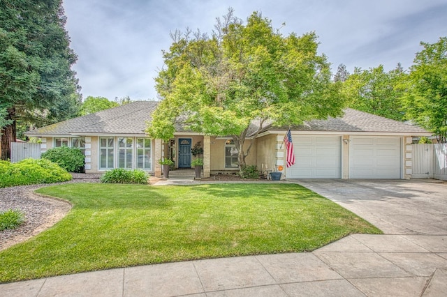 single story home with fence, a shingled roof, a front lawn, a garage, and driveway