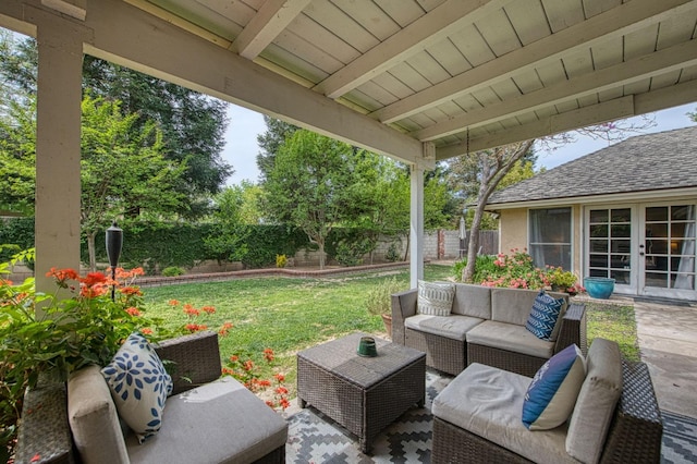 view of patio featuring french doors, an outdoor hangout area, and a fenced backyard