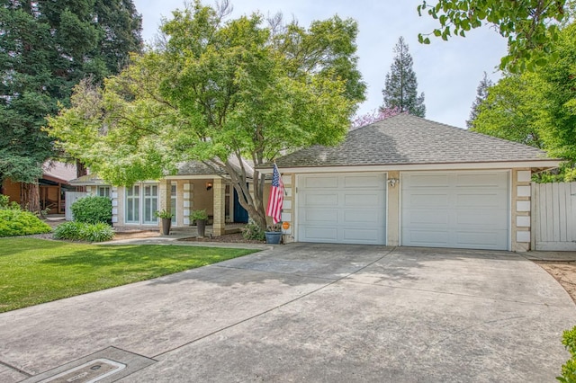 view of front of property featuring concrete driveway, roof with shingles, a front yard, and a garage