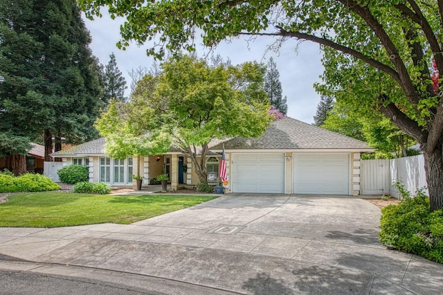 ranch-style home featuring driveway, a front yard, a garage, fence, and a shingled roof