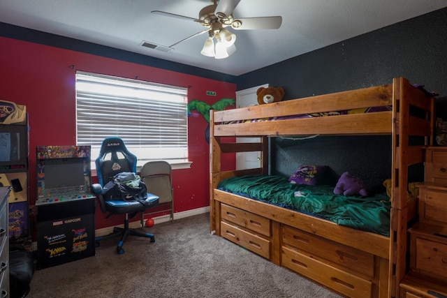 bedroom featuring visible vents, carpet flooring, and baseboards