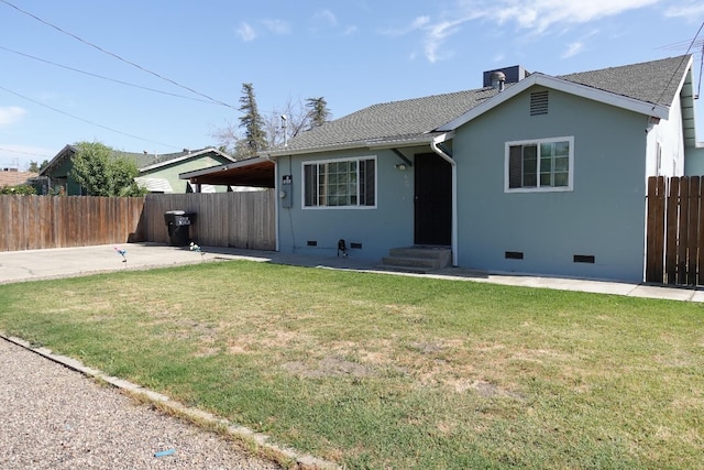 215 W Vine Ave, Visalia, CA 93291 - view of front of home with fence, a shingled roof, a front lawn, crawl space, and a patio area
