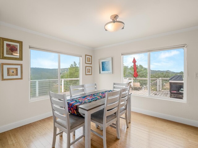 dining space featuring baseboards, ornamental molding, light wood-style flooring, and plenty of natural light