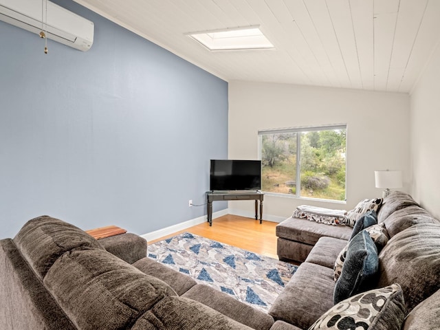 living room with baseboards, wood finished floors, a wall mounted AC, wood ceiling, and lofted ceiling with skylight