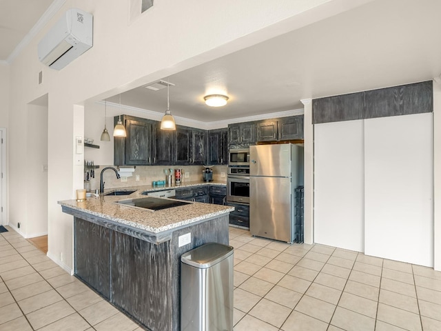 kitchen featuring stainless steel appliances, light tile patterned floors, a peninsula, and a wall mounted air conditioner