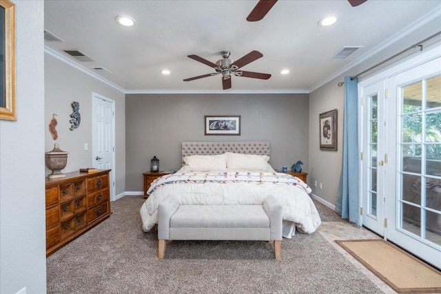 carpeted bedroom with access to outside, recessed lighting, crown molding, and visible vents