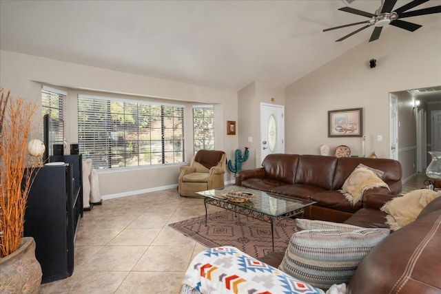living room featuring visible vents, baseboards, ceiling fan, high vaulted ceiling, and light tile patterned floors