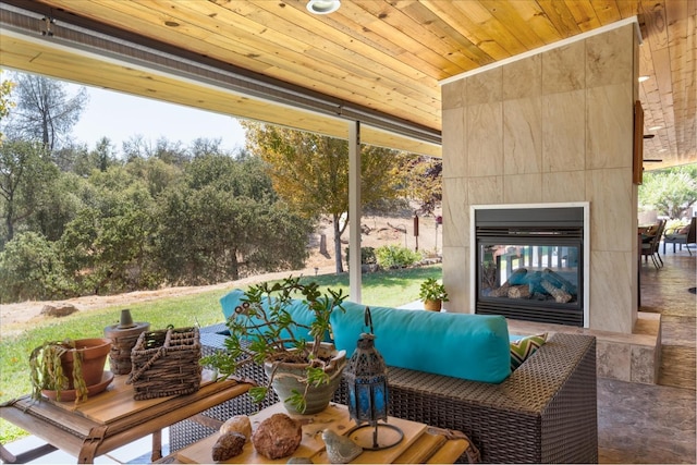 exterior space with a multi sided fireplace