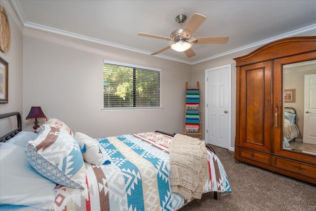 bedroom with crown molding, a ceiling fan, and carpet