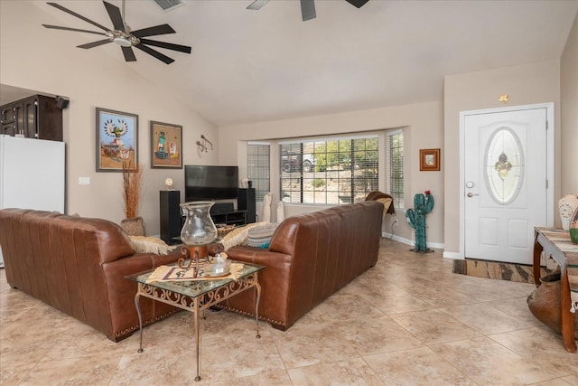 living area featuring a ceiling fan, baseboards, light tile patterned floors, and high vaulted ceiling