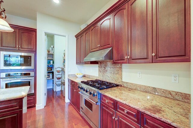 172 Omaha Ave, Clovis, CA 93619 - kitchen featuring stainless steel appliances, under cabinet range hood, light stone counters, light wood-style flooring, and decorative backsplash