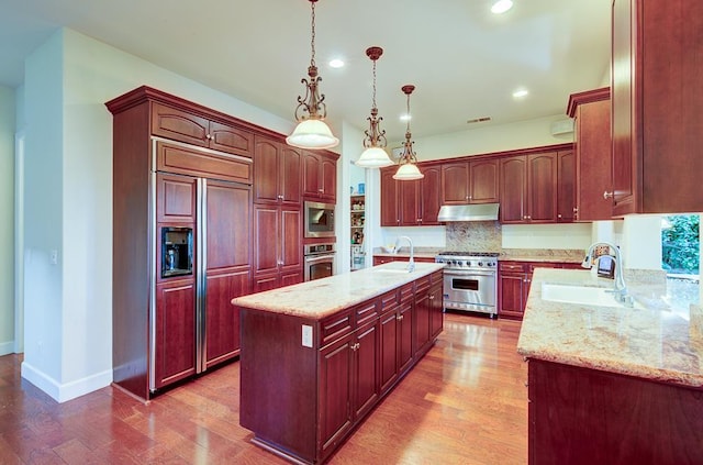 172 Omaha Ave, Clovis, CA 93619 - kitchen with built in appliances, under cabinet range hood, a sink, wood finished floors, and a kitchen island with sink