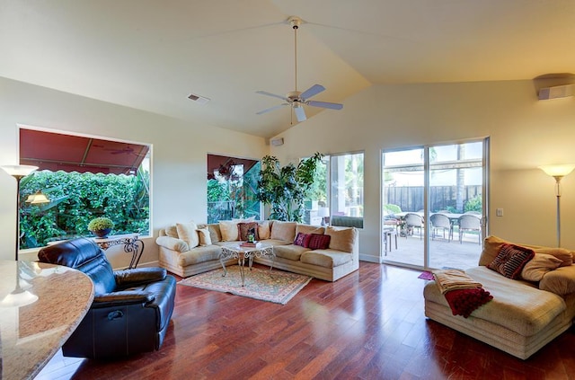 172 Omaha Ave, Clovis, CA 93619 - living room with a ceiling fan, wood finished floors, and high vaulted ceiling