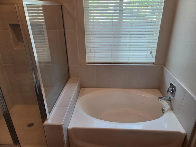 bathroom with plenty of natural light, a shower stall, and a bath