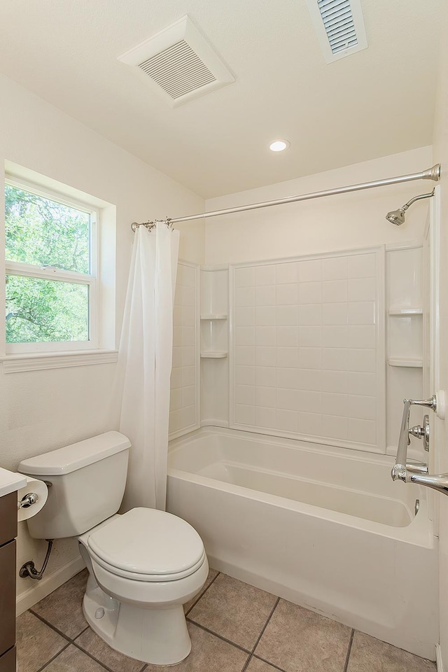 bathroom with tile patterned flooring, shower / bath combination with curtain, toilet, and visible vents