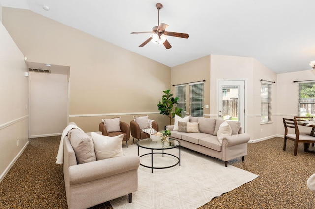 4650 W Chennault Ave, Fresno, CA 93722 - living room with vaulted ceiling, a ceiling fan, and baseboards