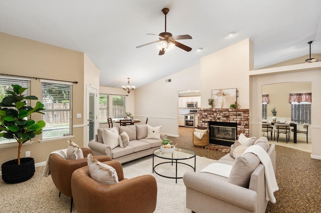 4650 W Chennault Ave, Fresno, CA 93722 - living area featuring ceiling fan, baseboards, a brick fireplace, a chandelier, and high vaulted ceiling