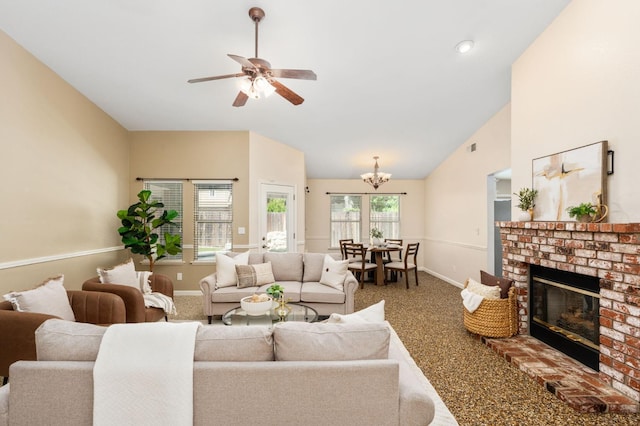 4650 W Chennault Ave, Fresno, CA 93722 - living room featuring baseboards, a brick fireplace, a chandelier, ceiling fan, and carpet flooring