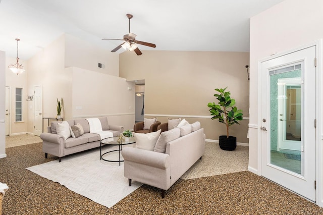 4650 W Chennault Ave, Fresno, CA 93722 - living room with a ceiling fan, baseboards, and high vaulted ceiling