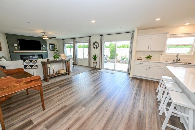 1845 George Ave, Sanger, CA 93657 - living room featuring plenty of natural light, a ceiling fan, light wood-style flooring, a fireplace, and recessed lighting