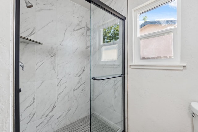 bathroom with toilet and a marble finish shower