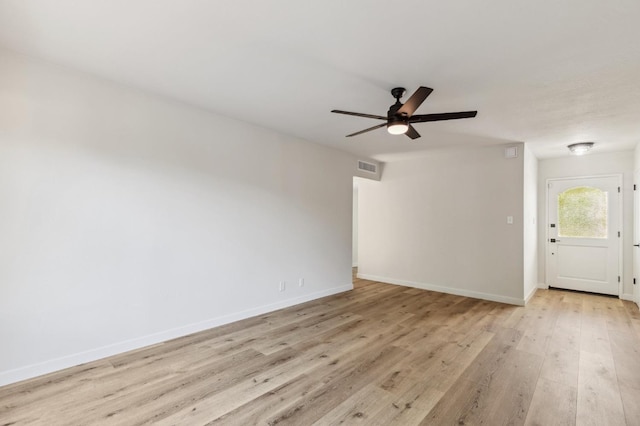 unfurnished living room with baseboards, ceiling fan, light wood finished floors, and visible vents