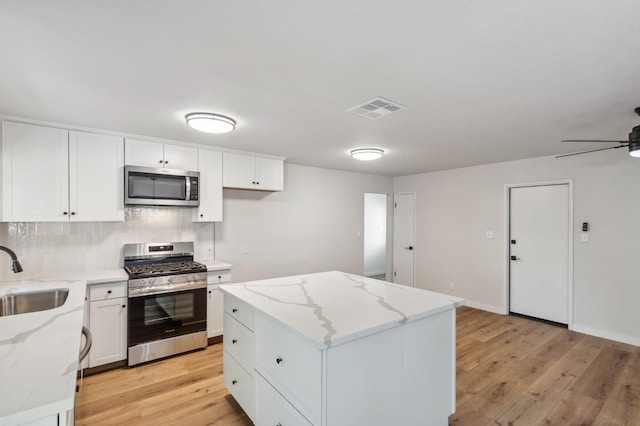 kitchen featuring a sink, stainless steel appliances, decorative backsplash, a kitchen island, and visible vents