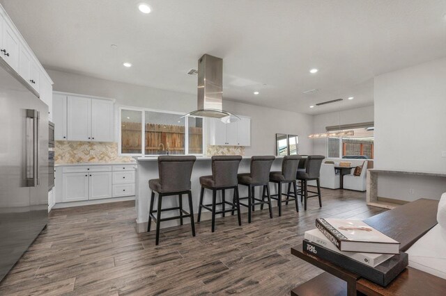 855 Groveland Ave W, Madera, CA 93636 - kitchen with recessed lighting, dark wood-style floors, high end refrigerator, and tasteful backsplash