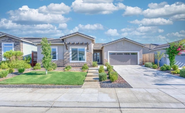 ranch-style house with a garage, a front lawn, stucco siding, and stone siding