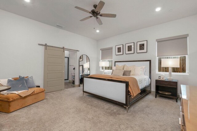 855 Groveland Ave W, Madera, CA 93636 - bedroom with recessed lighting, a barn door, visible vents, and light carpet