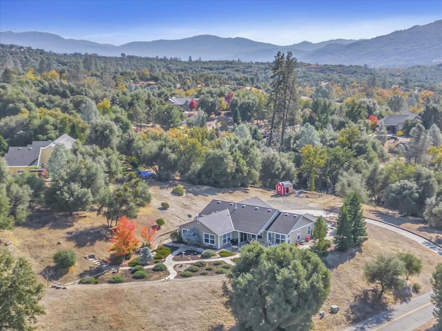 bird's eye view with a view of trees and a mountain view