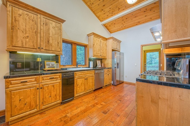 40596 Wild Iris Ln, Shaver Lake, CA 93664 - kitchen with decorative backsplash, a sink, high vaulted ceiling, light wood finished floors, and stainless steel appliances