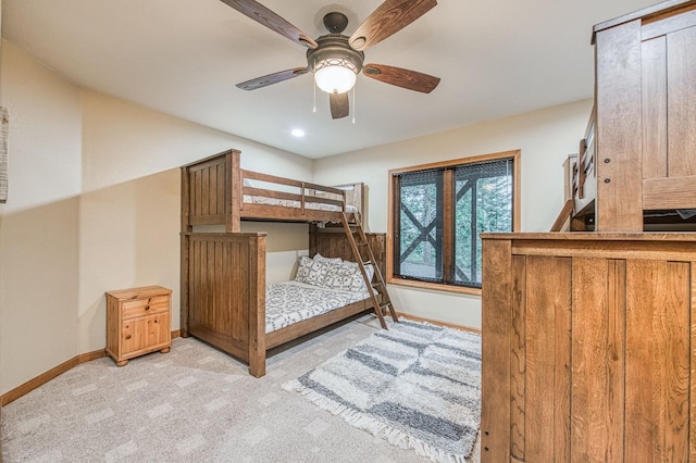 40596 Wild Iris Ln, Shaver Lake, CA 93664 - bedroom with baseboards, recessed lighting, ceiling fan, and light colored carpet