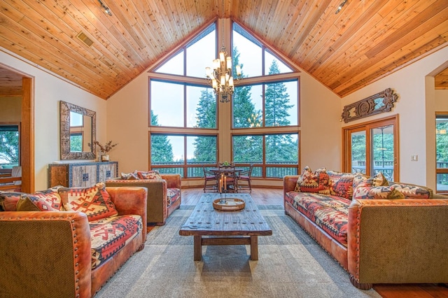 40596 Wild Iris Ln, Shaver Lake, CA 93664 - living room featuring wooden ceiling, high vaulted ceiling, plenty of natural light, and a chandelier