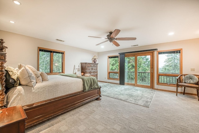 40596 Wild Iris Ln, Shaver Lake, CA 93664 - carpeted bedroom with access to outside, a ceiling fan, baseboards, recessed lighting, and visible vents