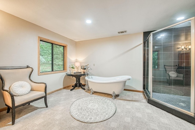 40596 Wild Iris Ln, Shaver Lake, CA 93664 - full bath featuring a freestanding bath, baseboards, a stall shower, and visible vents