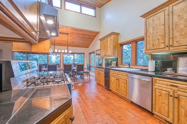 40596 Wild Iris Ln, Shaver Lake, CA 93664 - kitchen featuring dark countertops, a sink, high vaulted ceiling, stainless steel dishwasher, and wood ceiling