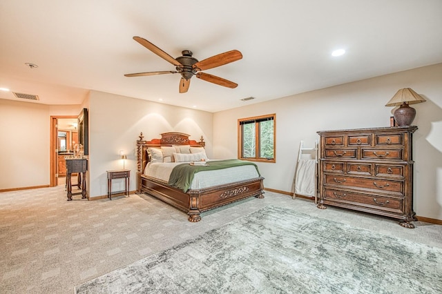 40596 Wild Iris Ln, Shaver Lake, CA 93664 - carpeted bedroom featuring baseboards, ceiling fan, recessed lighting, and visible vents