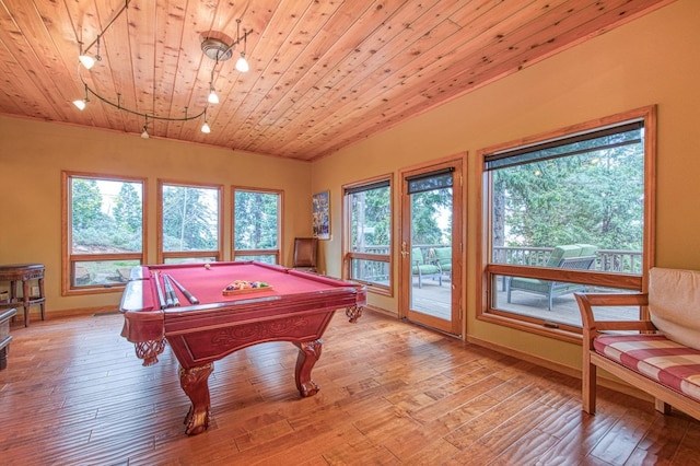 40596 Wild Iris Ln, Shaver Lake, CA 93664 - rec room with baseboards, billiards, wood ceiling, and light wood-type flooring