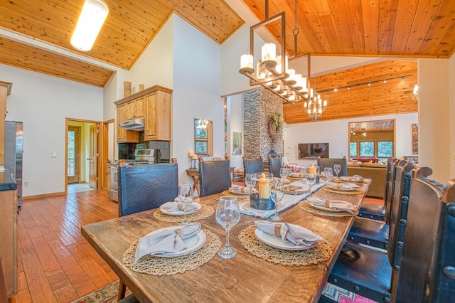 40596 Wild Iris Ln, Shaver Lake, CA 93664 - dining room with an inviting chandelier, beam ceiling, light wood-style floors, high vaulted ceiling, and wood ceiling