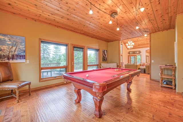 40596 Wild Iris Ln, Shaver Lake, CA 93664 - playroom with an inviting chandelier, light wood-style floors, baseboards, wood ceiling, and pool table