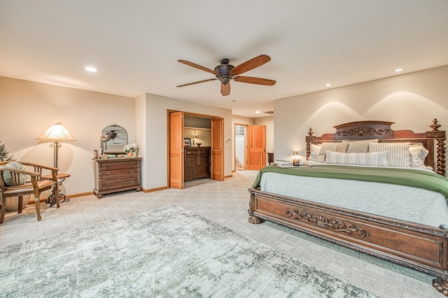 40596 Wild Iris Ln, Shaver Lake, CA 93664 - bedroom featuring recessed lighting, baseboards, light colored carpet, and ceiling fan