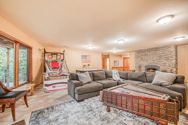 40596 Wild Iris Ln, Shaver Lake, CA 93664 - carpeted living room with a stone fireplace