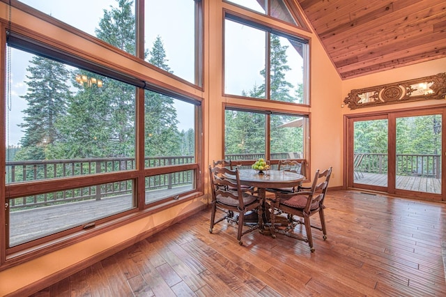40596 Wild Iris Ln, Shaver Lake, CA 93664 - sunroom / solarium featuring wood ceiling, a deck, hardwood / wood-style flooring, baseboards, and high vaulted ceiling