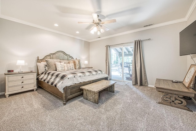 bedroom with access to exterior, crown molding, visible vents, baseboards, and carpet flooring