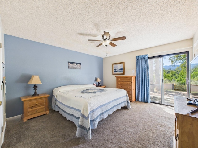 carpeted bedroom with ceiling fan, a textured ceiling, and access to exterior