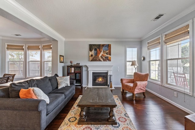1389 Vineyard Pl, Hanford, CA 93230 - living room with a lit fireplace, visible vents, crown molding, baseboards, and dark wood-type flooring