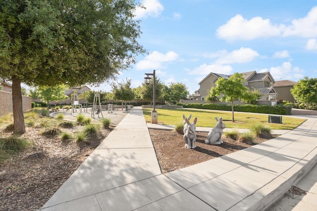 view of property's community featuring a lawn and a residential view