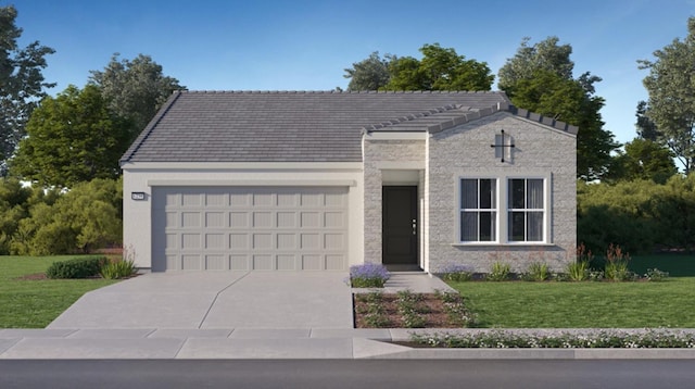 view of front facade featuring an attached garage, driveway, a front yard, and stone siding